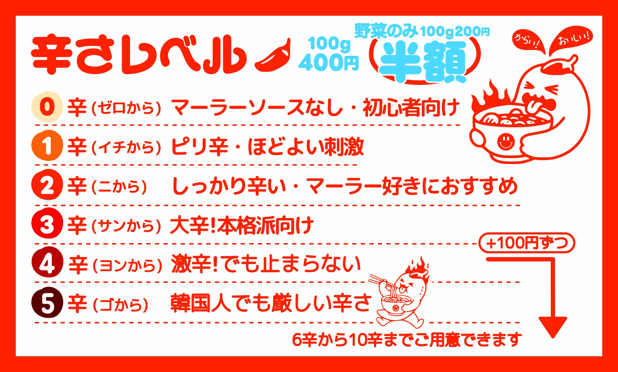 辛さレベル 0辛〜5辛（+100円ずつで6〜10辛も可）／野菜のみ100g 200円
